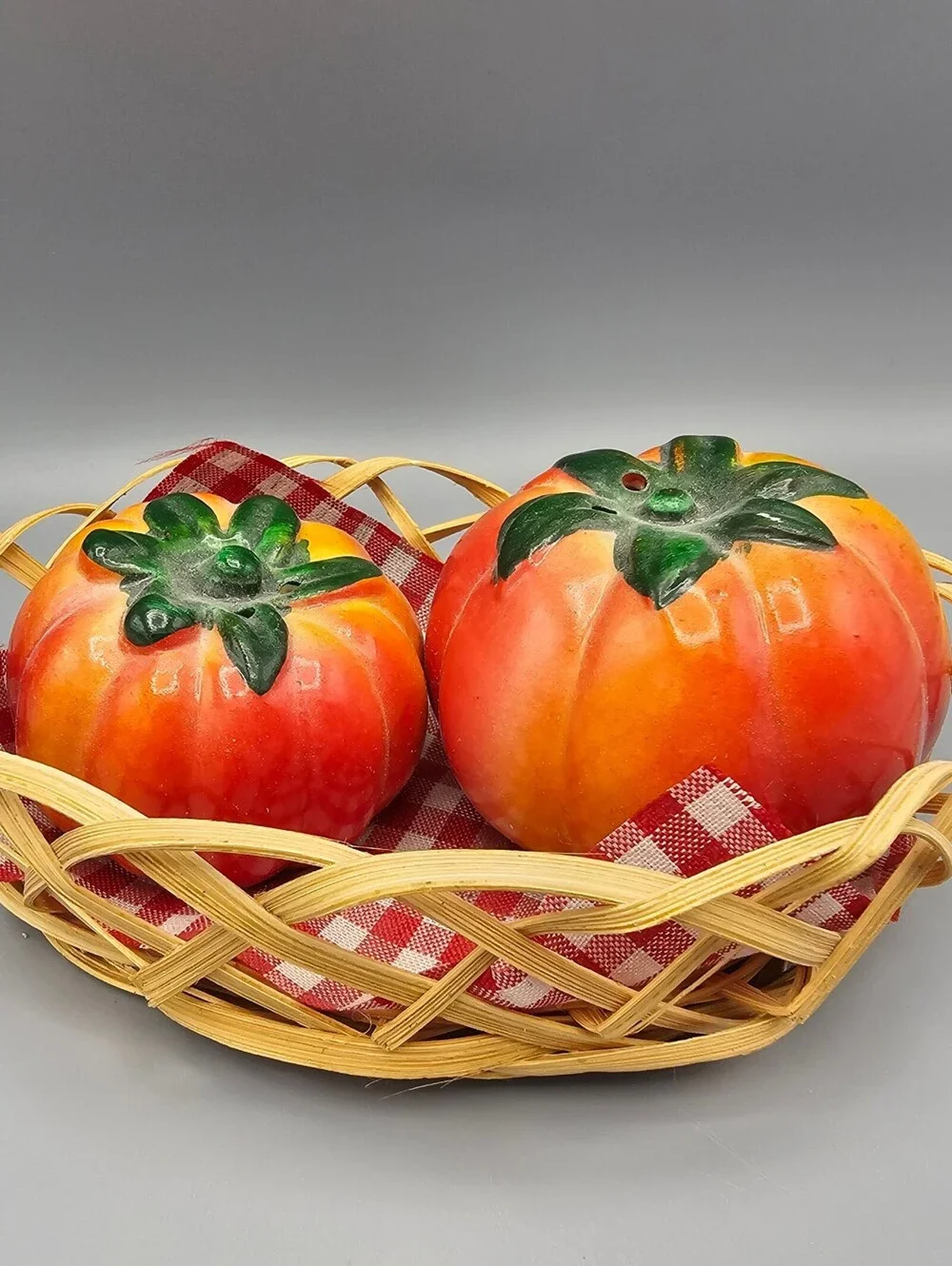 Ceramic Tomato Salt and Pepper Shakers with Woven Basket and Checkered Cloth